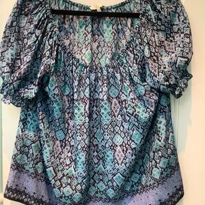 Joie Teal and Navy Geometric Peasant Blouse